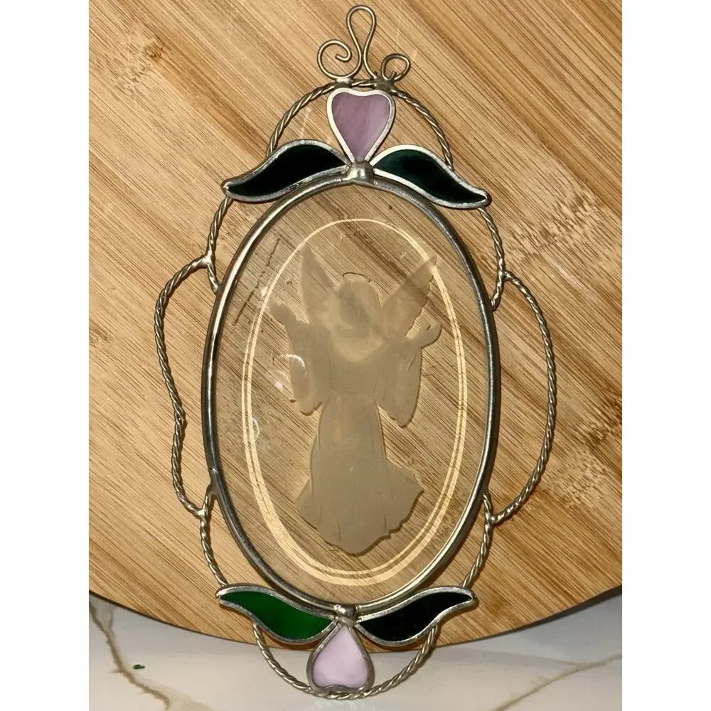 Stained Leaded Glass Hanging Window Panel Angel 9x6” Suncatcher Silver Lead